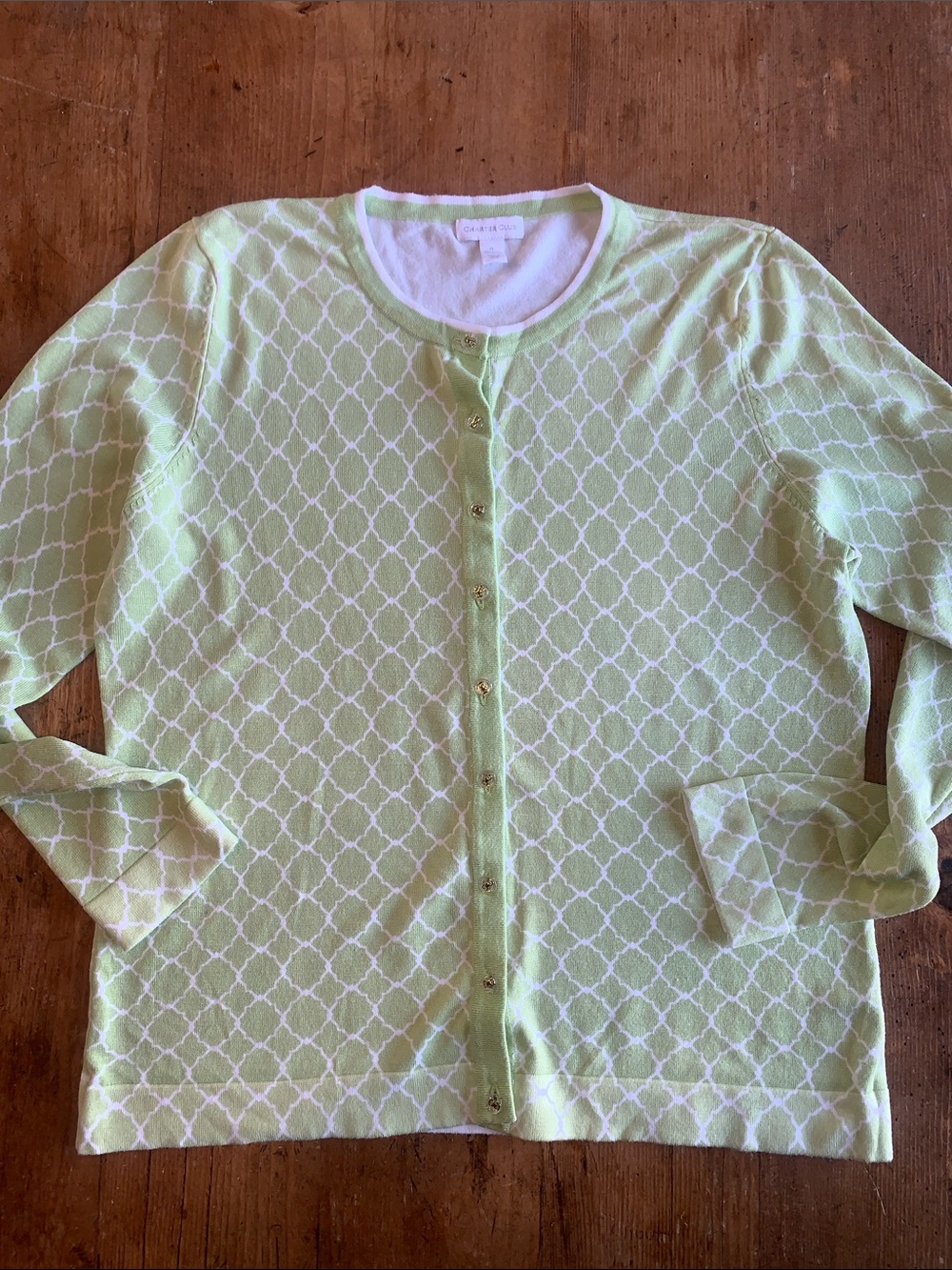 Charter Club Light Green & White Button-Front Knit Top